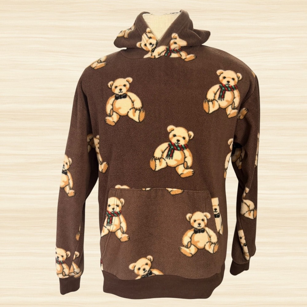 Teddy Bear Fleece Hoodie Forever 21 Brown All Over Print Cozy Kawaii Mens S